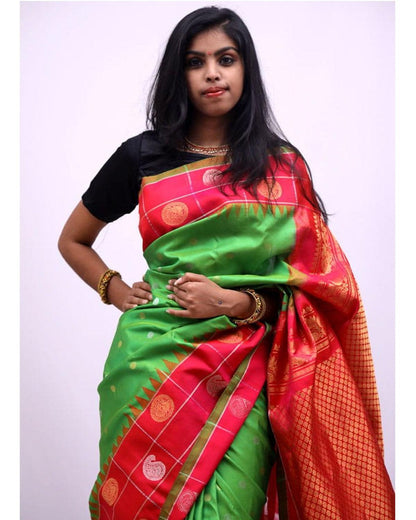 PARROT GREEN WITH PINK COLOR GADWAL SILK SAREE - pochampallysarees.com