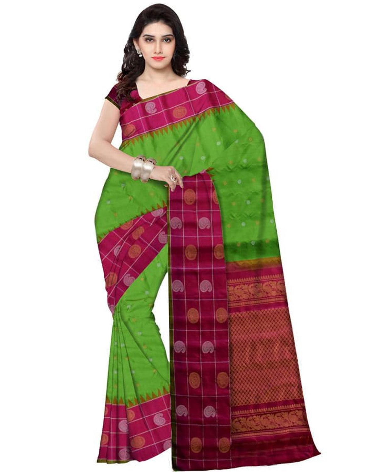 PARROT GREEN WITH PINK COLOR GADWAL SILK SAREE - pochampallysarees.com