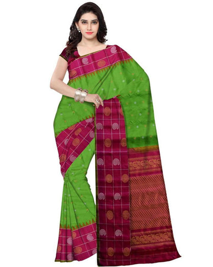 PARROT GREEN WITH PINK COLOR GADWAL SILK SAREE - pochampallysarees.com