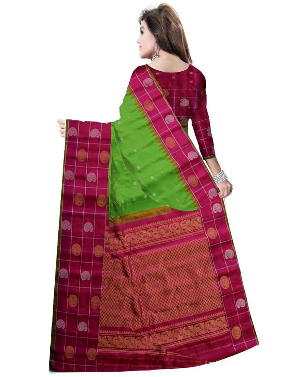 PARROT GREEN WITH PINK COLOR GADWAL SILK SAREE - pochampallysarees.com