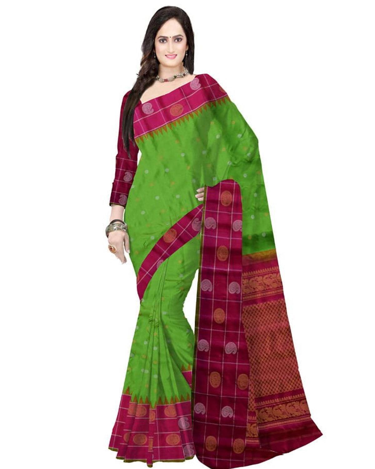PARROT GREEN WITH PINK COLOR GADWAL SILK SAREE - pochampallysarees.com