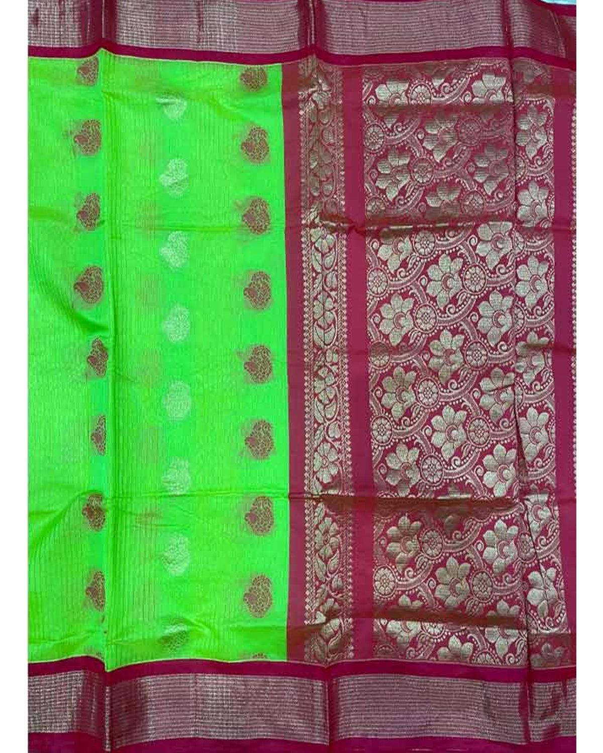 Purple printed kuppadam cotton saree with traditional kolam motifs,  ikkat-border & pallu of stripes & unique motifs