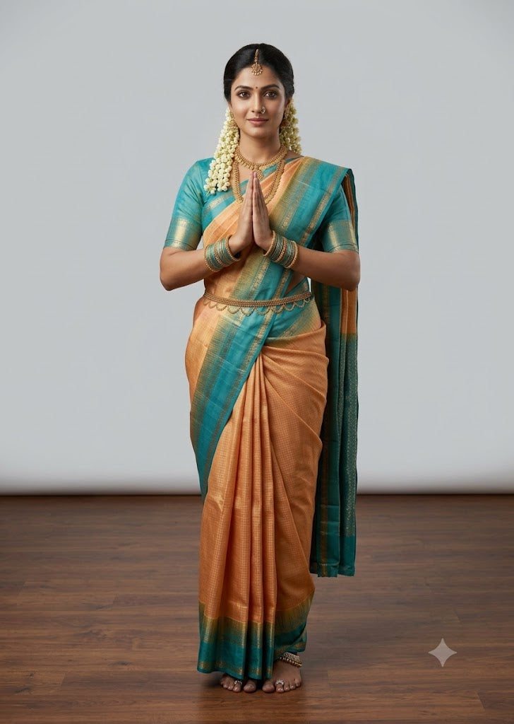 Indian woman standing in a namaste pose wearing a traditional peach and teal blue silk saree with heavy gold zari border against a light grey studio backdrop.