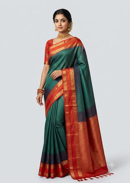 Traditional Indian woman wearing a peacock green silk saree with rich red gold zari border and brocade pallu