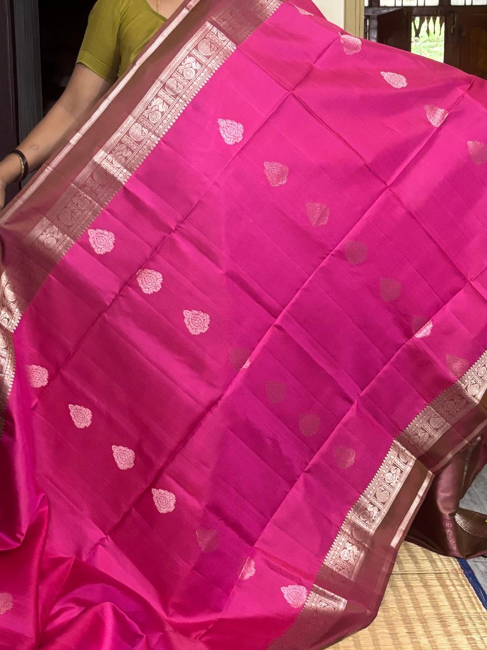 Pink Brown Color Designer Kanchi Pure Soft Silk Saree - pochampallysarees.com