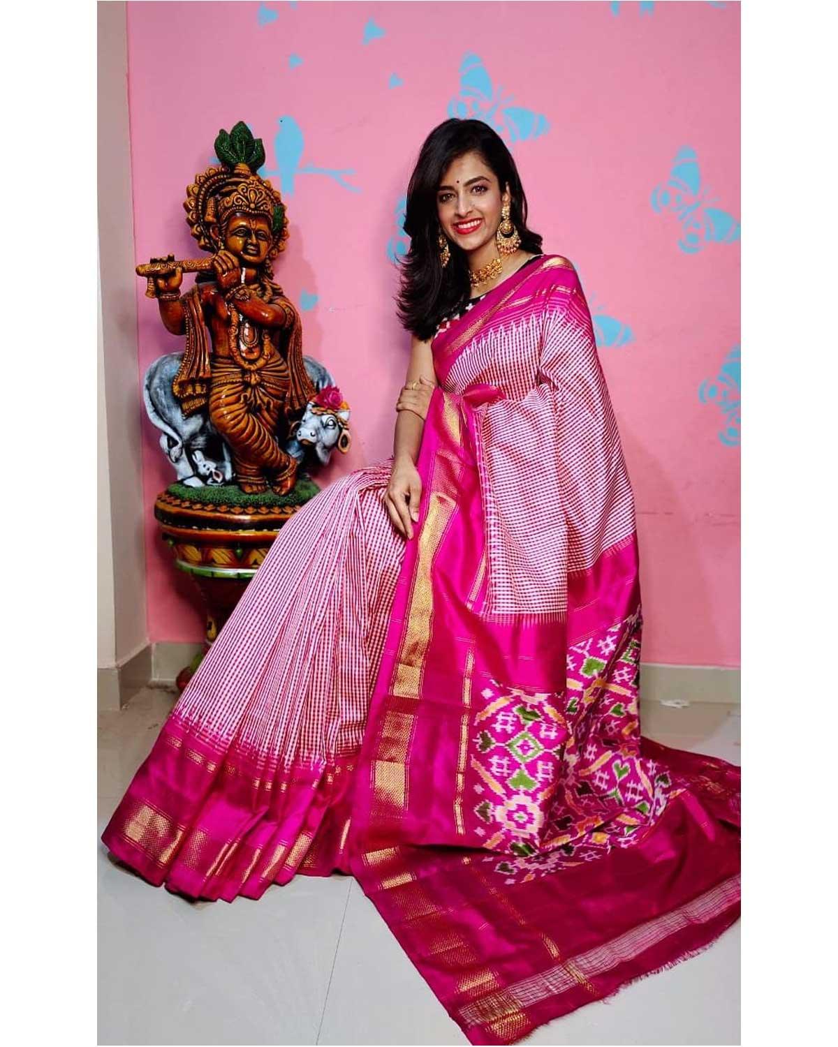 PINK CHECKS IKKAT SILK SAREE - pochampallysarees.com