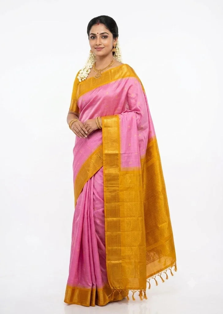 Back view of a woman showcasing the elegant mustard yellow blouse design and the drape of a pink Gadwal silk saree against a solid white background.
