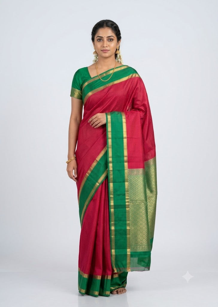 Indian model wearing a pink Kanchi checks silk saree with an emerald green border, gold zari pallu, and matching green blouse against a light grey studio background