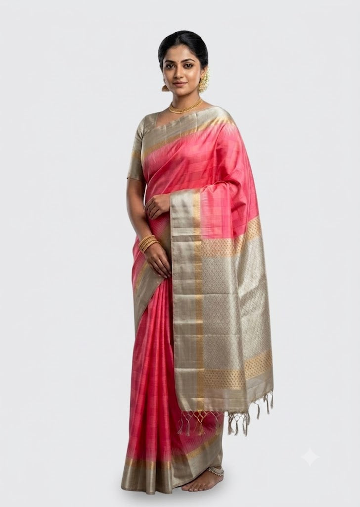 Model draping a pink Kanchi soft silk saree with a woven light gray silver zari pallu against a neutral backdrop