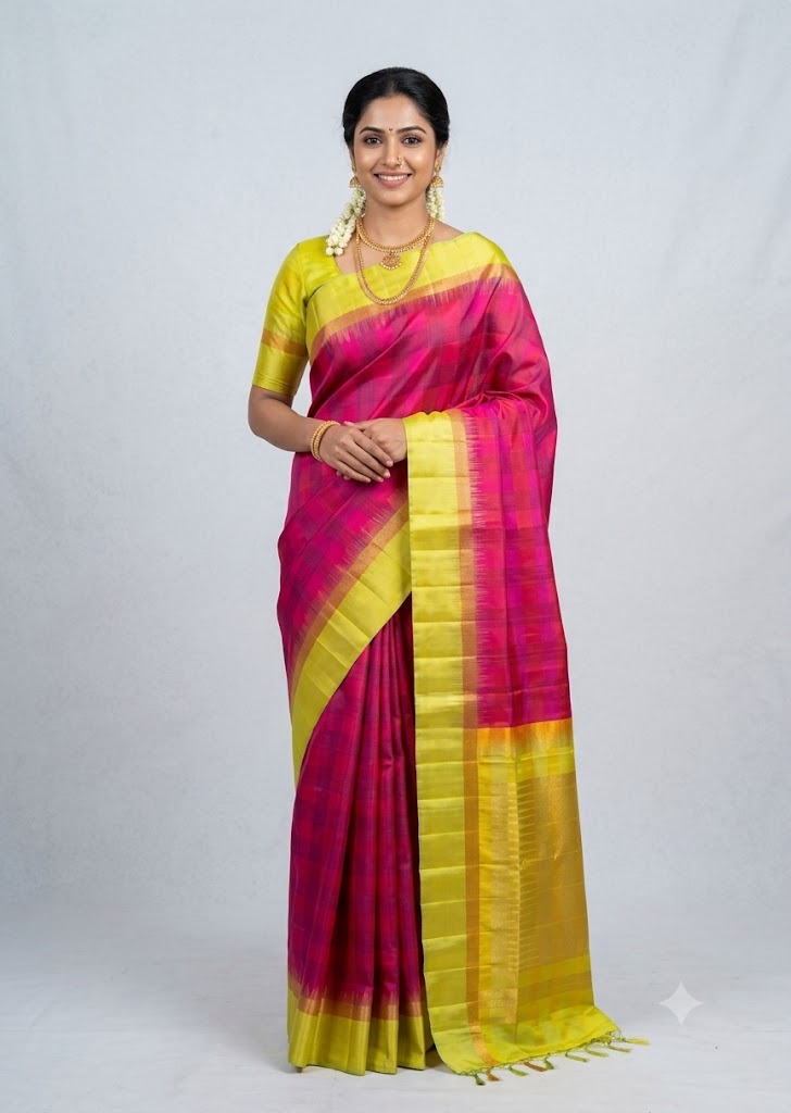 Model wearing a traditional pink and lime green checkered silk saree with a golden zari pallu against a light grey studio background