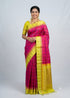 Model wearing a traditional pink and lime green checkered silk saree with a golden zari pallu against a light grey studio background