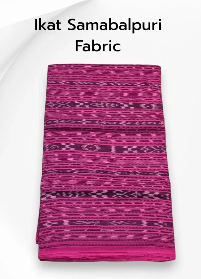 Folded vibrant pink and magenta pure cotton Sambalpuri fabric featuring traditional woven geometric Ikat motifs. Clean image with no logos.