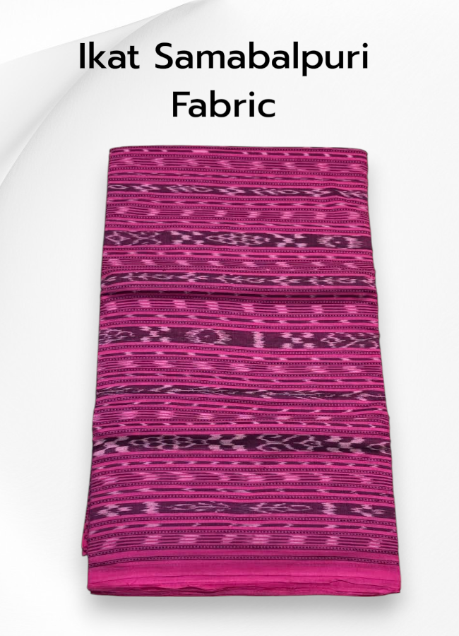 Folded vibrant pink and magenta pure cotton Sambalpuri fabric featuring traditional woven geometric Ikat motifs. Clean image with no logos.