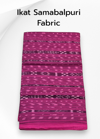 Folded vibrant pink and magenta pure cotton Sambalpuri fabric featuring traditional woven geometric Ikat motifs. Clean image with no logos.