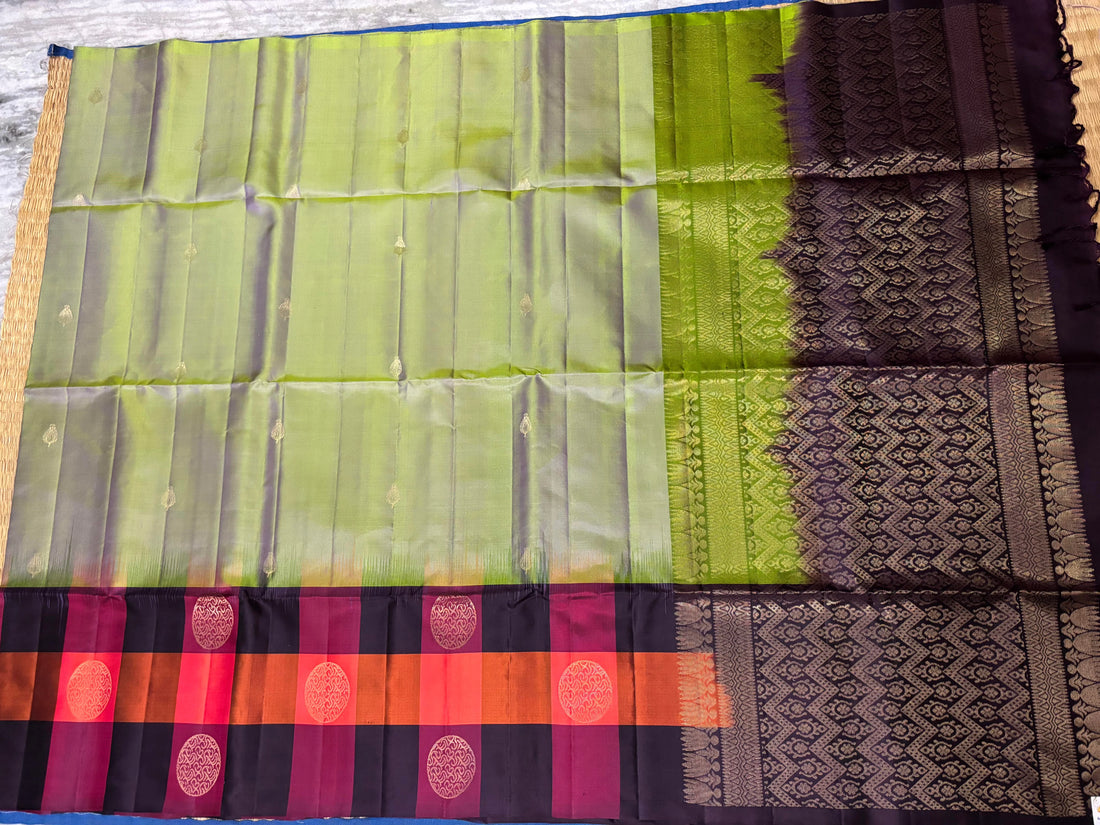 Pista Green With Chocolate Designer Kanchi Pure Soft Silk Saree - pochampallysarees.com