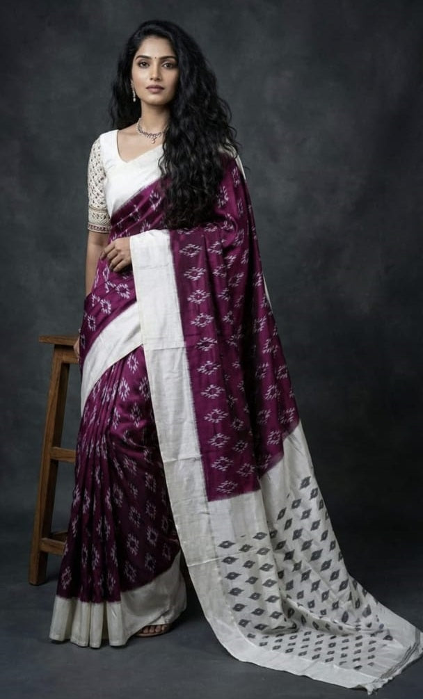 Indian woman standing wearing a rich plum purple handloom ikkat silk saree with a broad off-white border and traditional jewelry