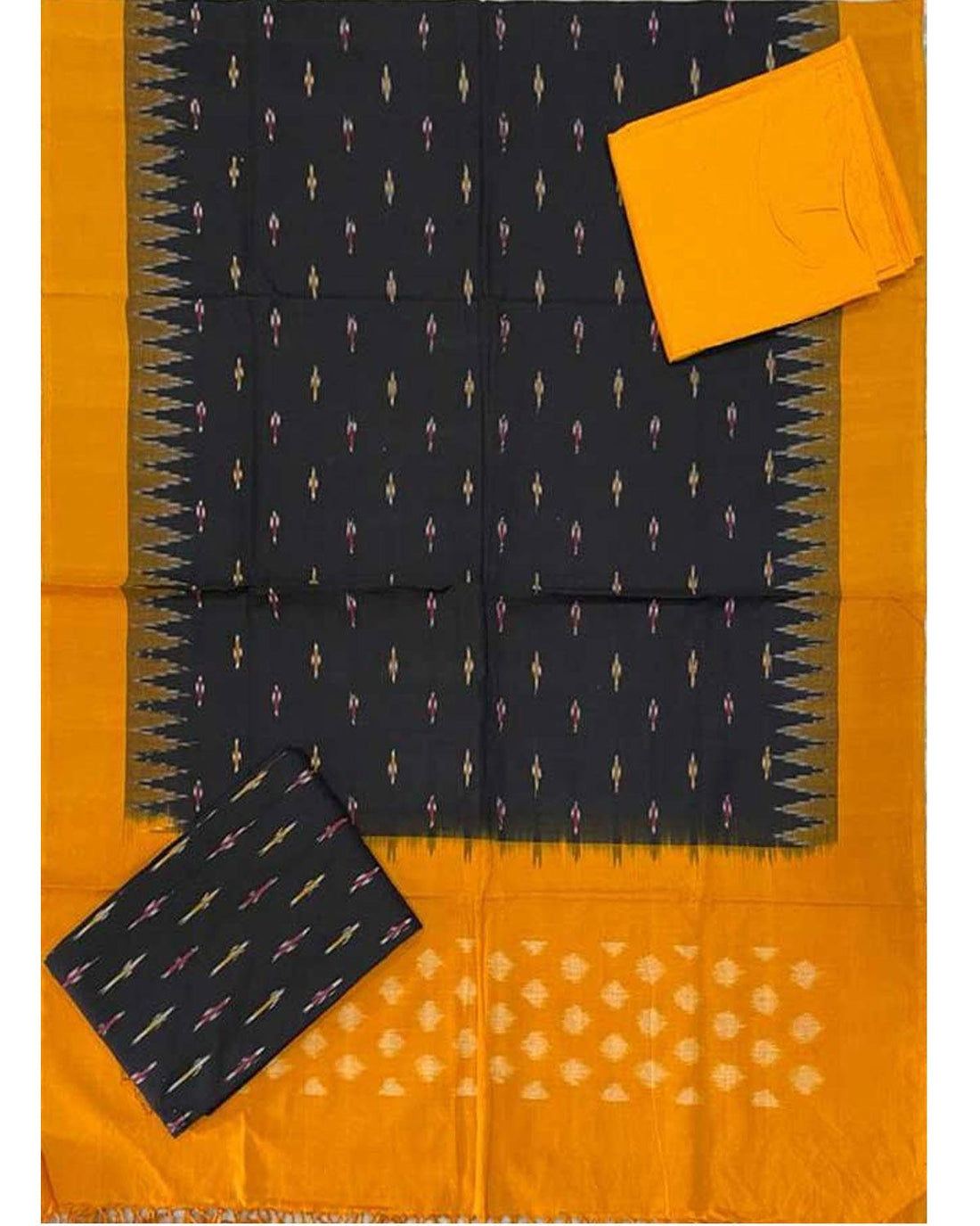 POCHAMPALLY DOUBLE IKAT BLACK WITH YELLOW COLOR DRESS MATERIAL-A08 - pochampallysarees.com