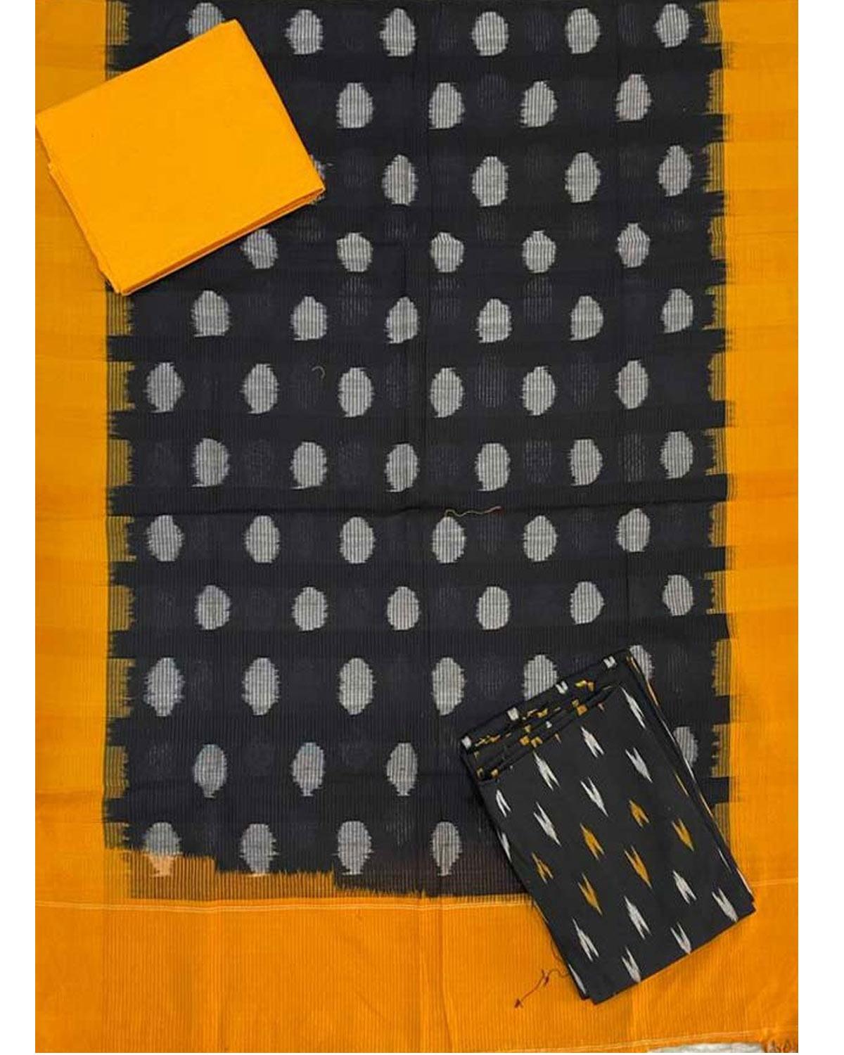 POCHAMPALLY DOUBLE IKAT COTTON BLACK WITH YELLOW COLOR DRESS MATERAL-A04 - pochampallysarees.com