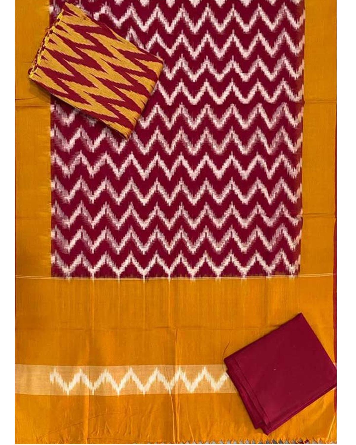 POCHAMPALLY DOUBLE IKAT COTTON RED WITH YELLOW COLOR DRESS MATERIAL-A09 - pochampallysarees.com