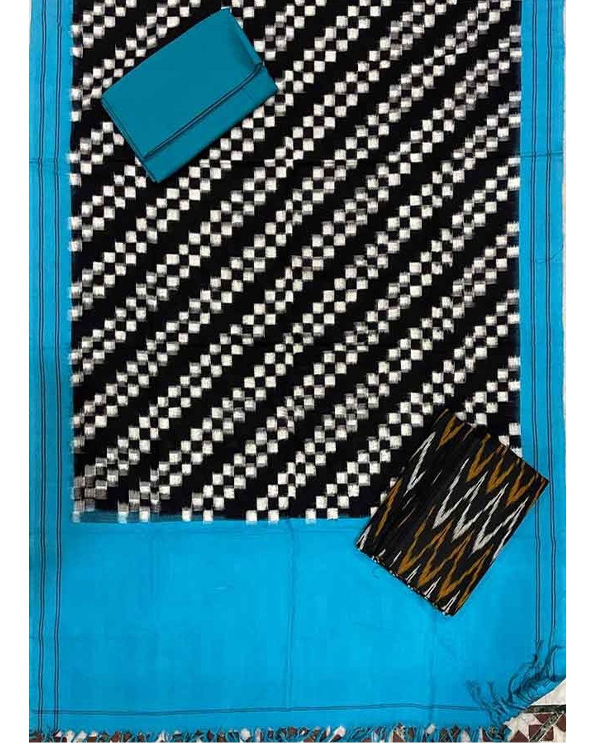 POCHAMPALLY DOUBLE IKKAT BLACK WITH ANAND BLUE COLOR DRESS MATERIAL - C41 - pochampallysarees.com