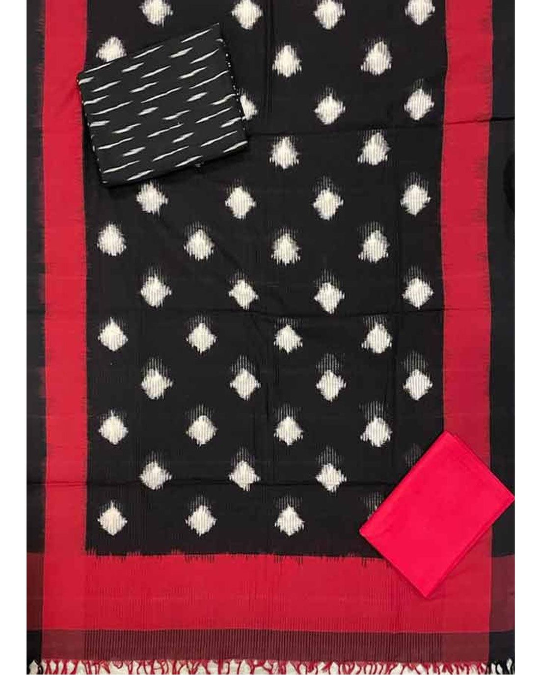 POCHAMPALLY DOUBLE IKKAT COTTON BLACK WITH RED COLOR DRESS MATERIAL -C62 - pochampallysarees.com