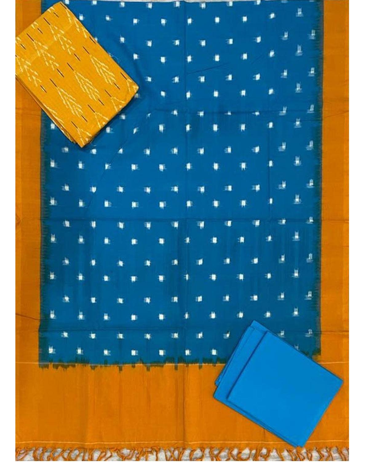 POCHAMPALLY IKAT ANANDA BLUE WITH YELLOW COLOR DRESS MATERIAL-A01 - pochampallysarees.com