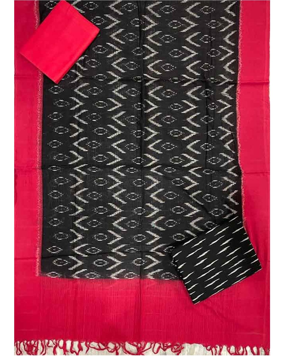 POCHAMPALLY IKAT COTTON BLACK WITH RED COLOR DRESS MATRERIAL - C26 - pochampallysarees.com
