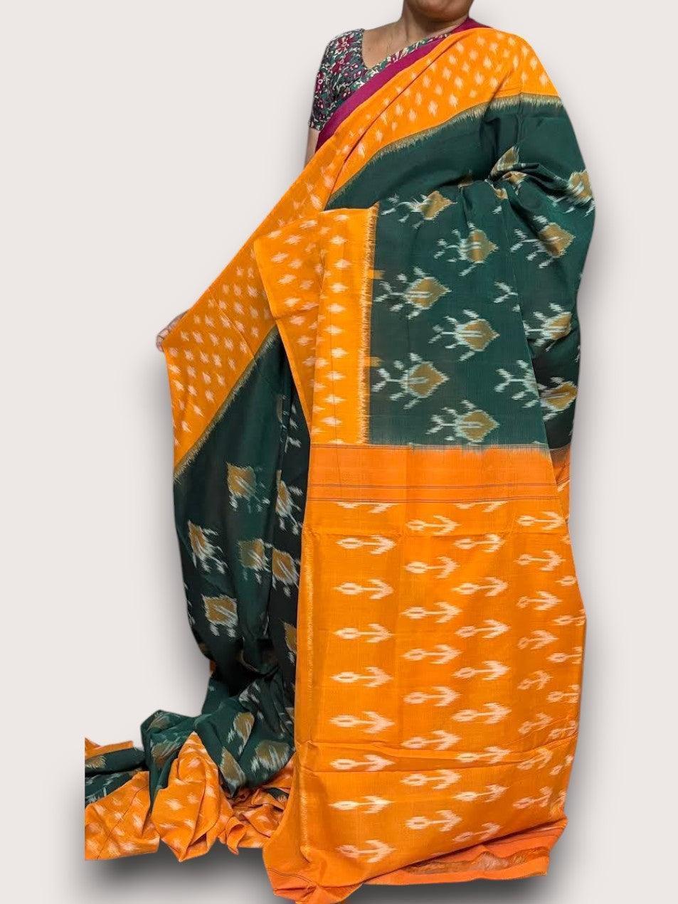 POCHAMPALLY IKAT COTTON GREEN YELLOW SAREE - pochampallysarees.com