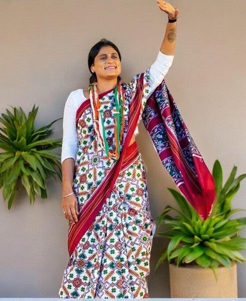 Pochampally Ikat Patan Patola White  Maroon Saree - pochampallysarees.com