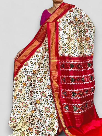 Pochampally Ikat Patola Cream With Red Sari - pochampallysarees.com