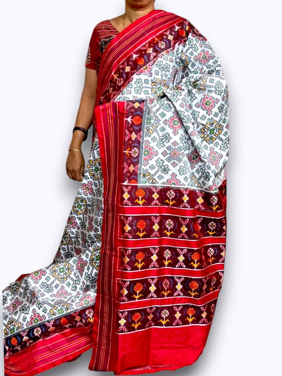 Pochampally Ikat Patola Silk White Red Sari - pochampallysarees.com