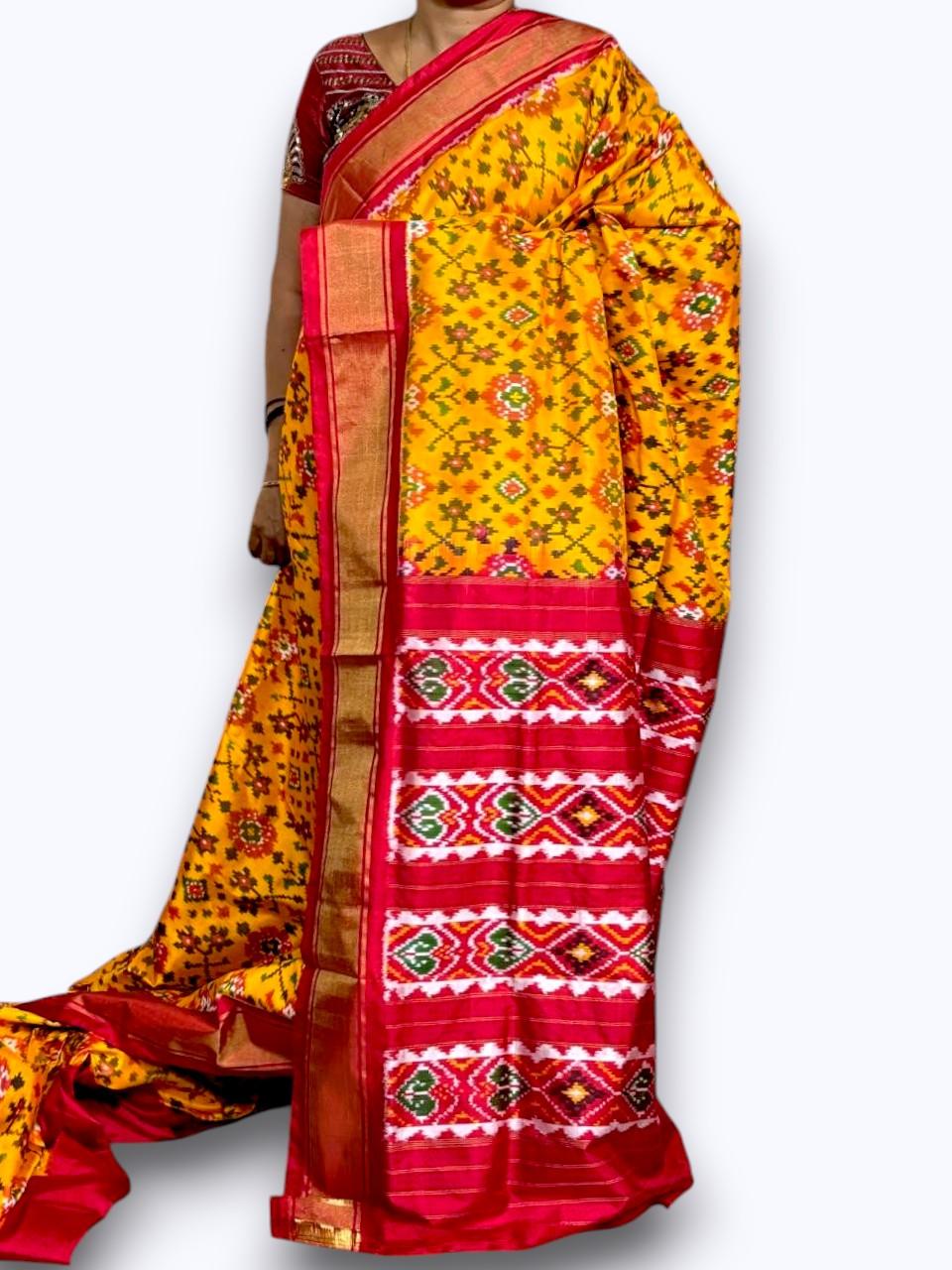 Pochampally Ikat Patola Silk yellow Red Sari - pochampallysarees.com