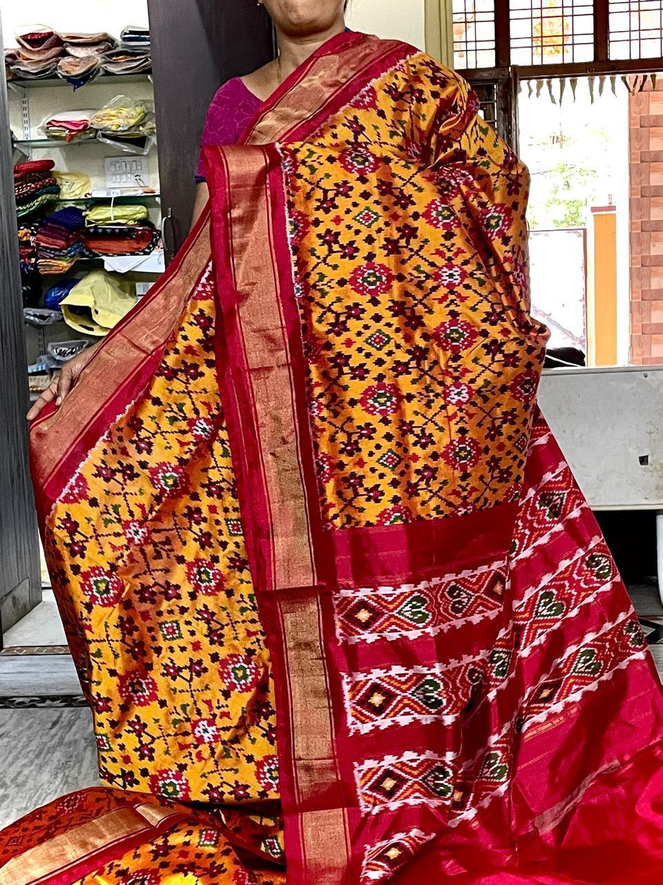 Pochampally Ikat Patola Yellow With Red Sari - pochampallysarees.com