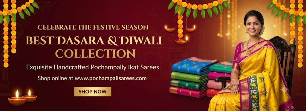 A festive Dasara and Diwali promotional banner for Pochampally Sarees. A smiling Indian woman is seated on a wooden chair wearing a vibrant yellow and pink handcrafted Pochampally Ikat silk saree. The warm brown background is decorated with traditional marigold garlands, glowing clay diyas, a colorful rangoli, and a stack of folded silk sarees. Text reads "Celebrate the Festive Season: Best Dasara & Diwali Collection" with a Shop Now button for pochampallsarees.com.