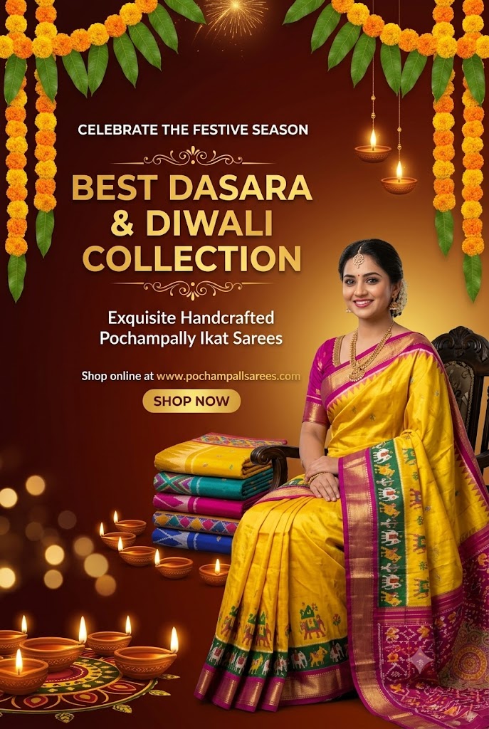 A festive Dasara and Diwali promotional banner for Pochampally Sarees. A smiling Indian woman is seated on a wooden chair wearing a vibrant yellow and pink handcrafted Pochampally Ikat silk saree. The warm brown background is decorated with traditional marigold garlands, glowing clay diyas, a colorful rangoli, and a stack of folded silk sarees. Text reads "Celebrate the Festive Season: Best Dasara & Diwali Collection" with a Shop Now button for pochampallsarees.com.