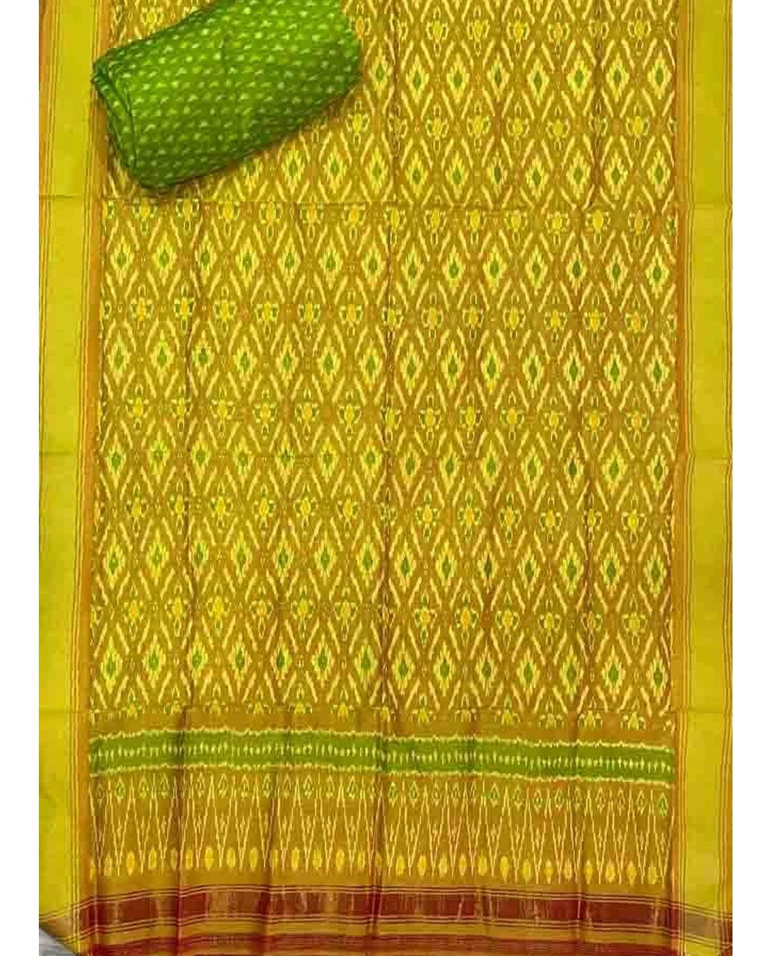 POCHAMPALLY IKAT SICO YELLOW WITH PARROT GREEN COLOR DRESS MATERIAL ONLINE-B2 - pochampallysarees.com