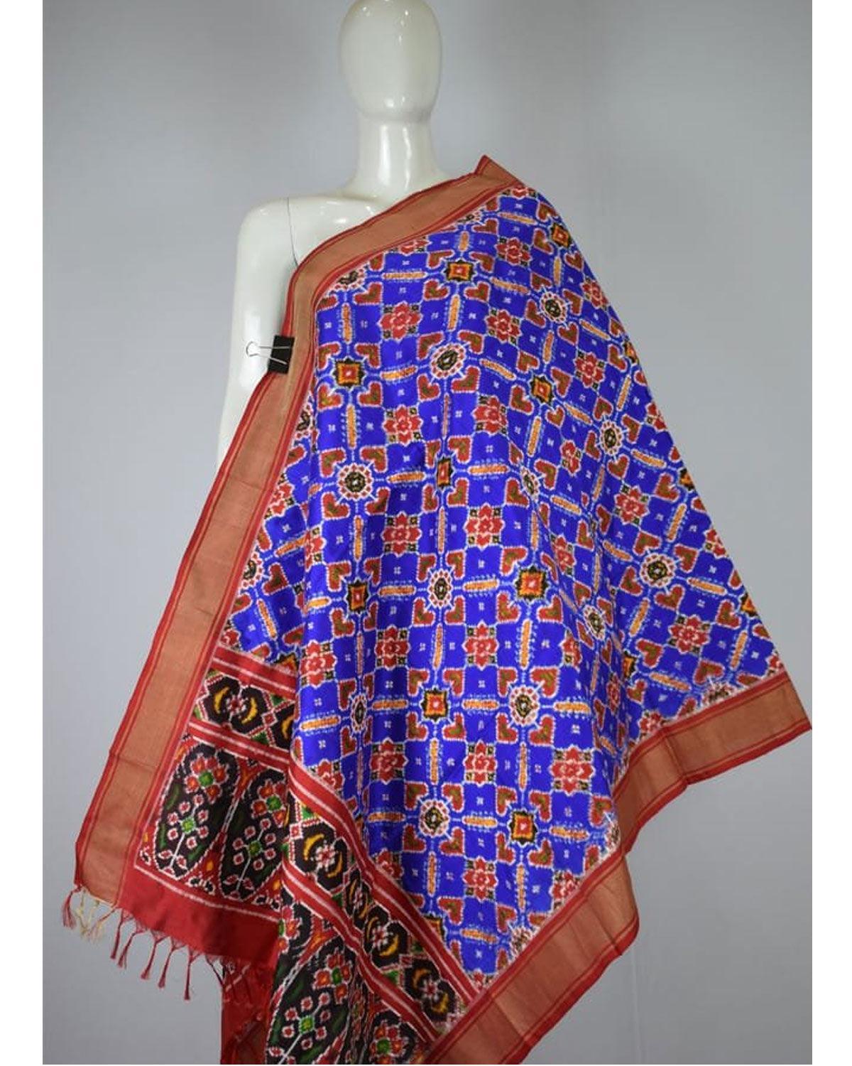 POCHAMPALLY IKAT SILK DOUBLE IKAT PATOLA ROYAL BLUE COLOR DUPATTA - pochampallysarees.com