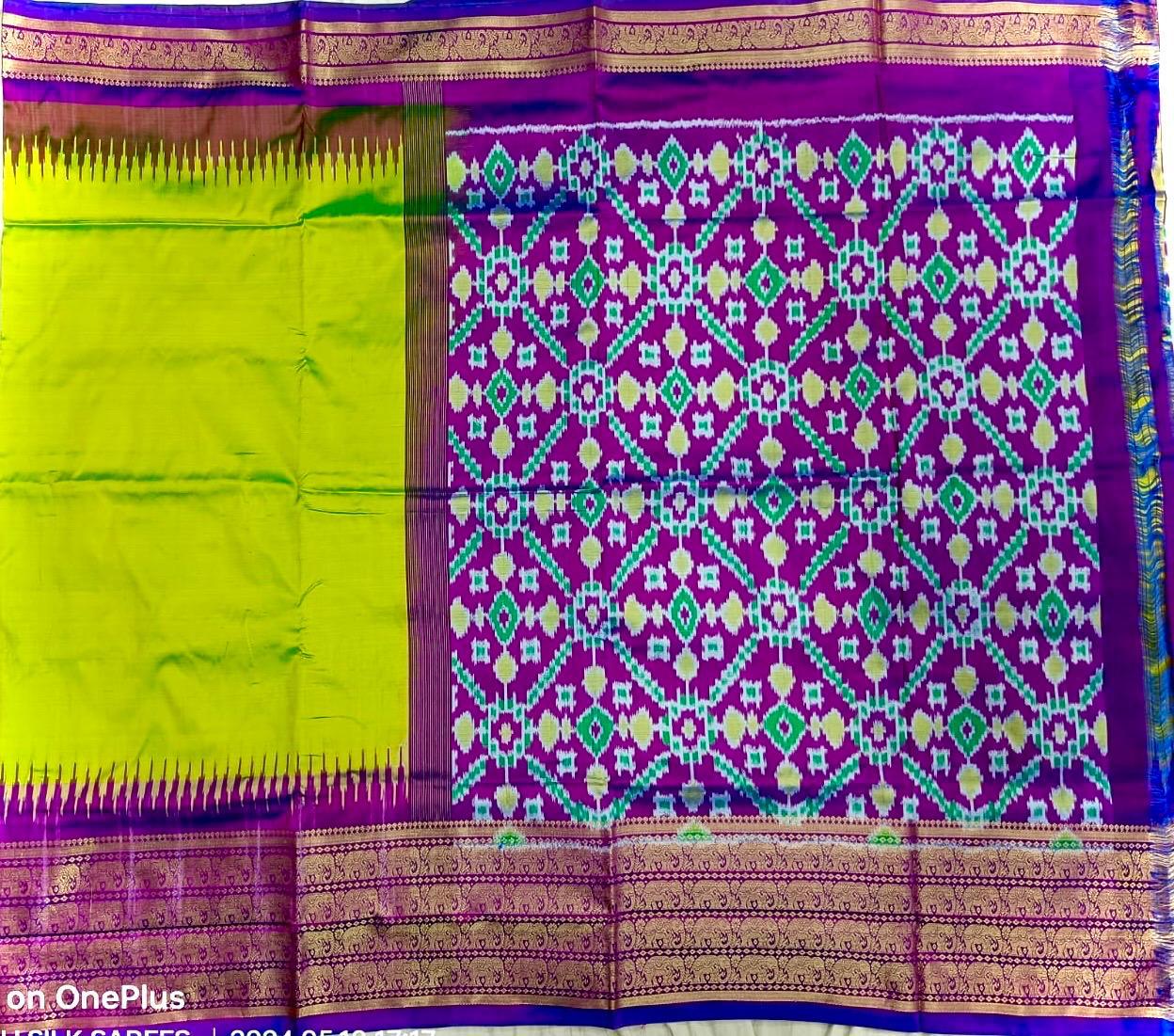 Pochampally Ikat Silk Green Plain Body With Border And Pallu Purple Sari - pochampallysarees.com