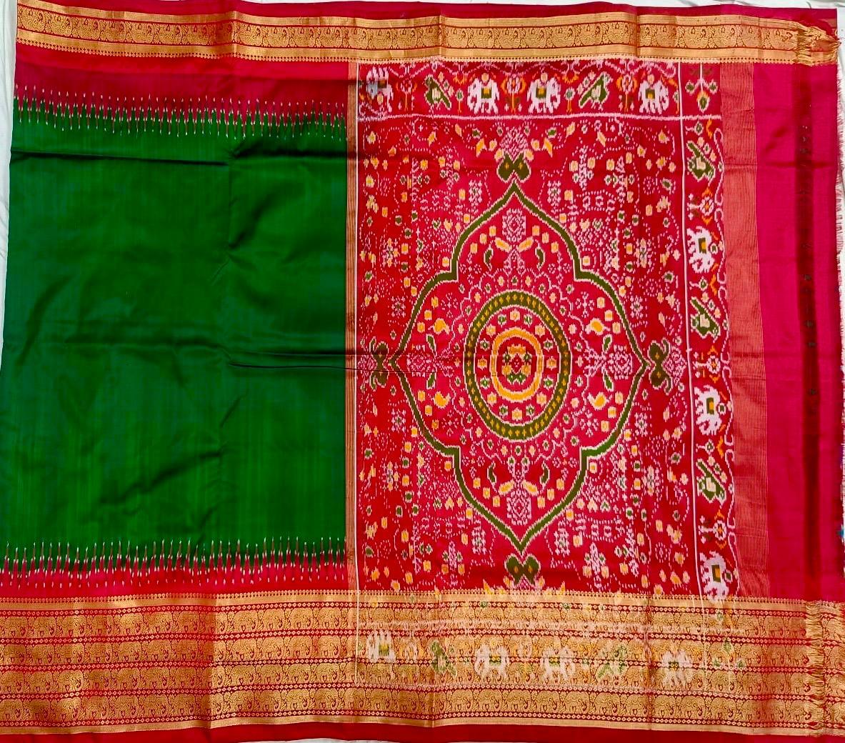 Pochampally Ikat Silk Green Plain Body With Border And Pallu Red Sari - pochampallysarees.com