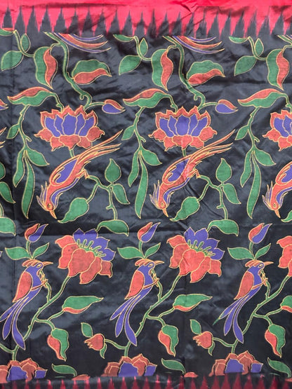 Pochampally Ikat Silk kalamkari Designer Black Red Sari - pochampallysarees.com