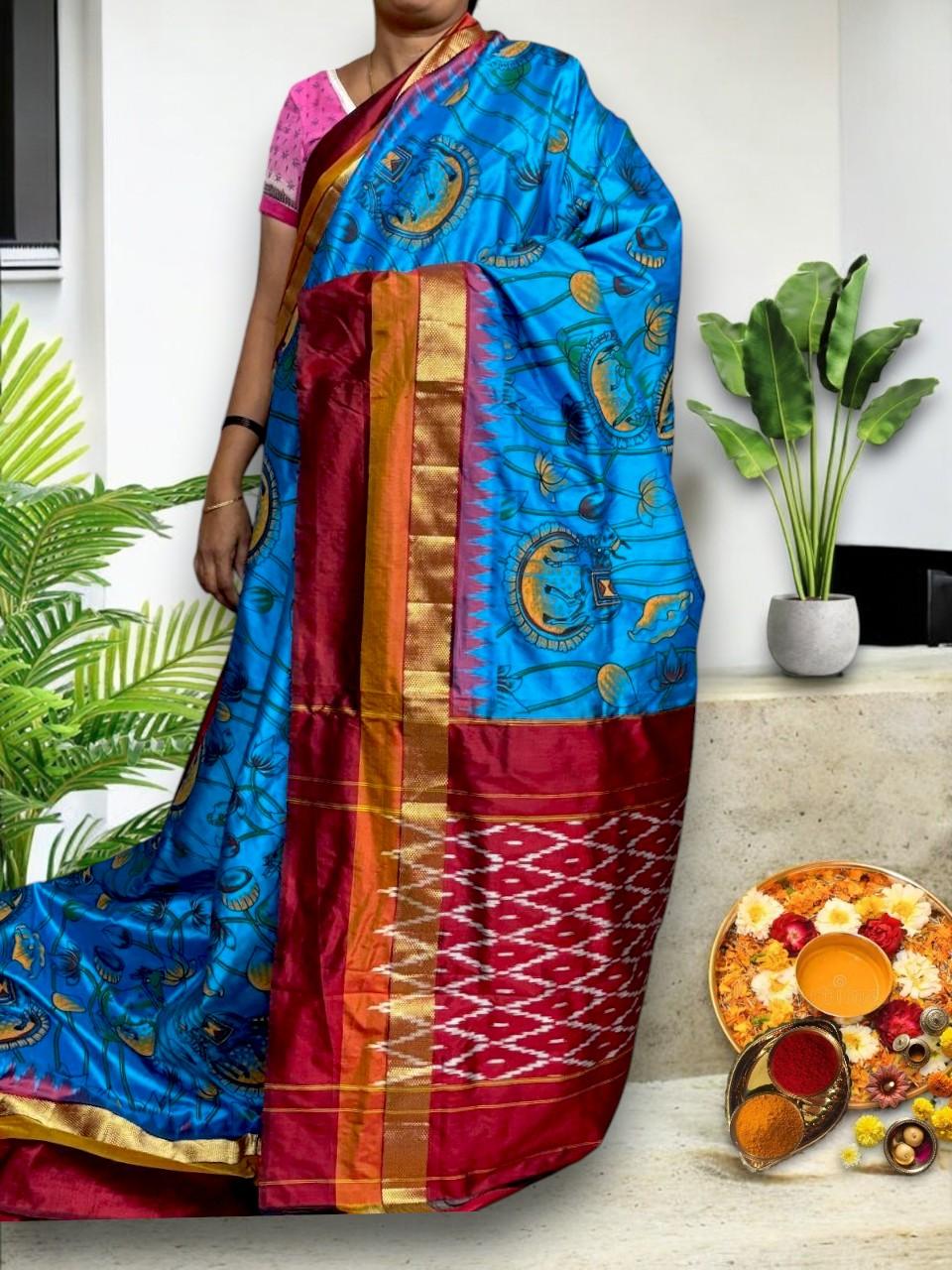 Pochampally Ikat Silk kalamkari Designer Blue Maroon Sari - pochampallysarees.com
