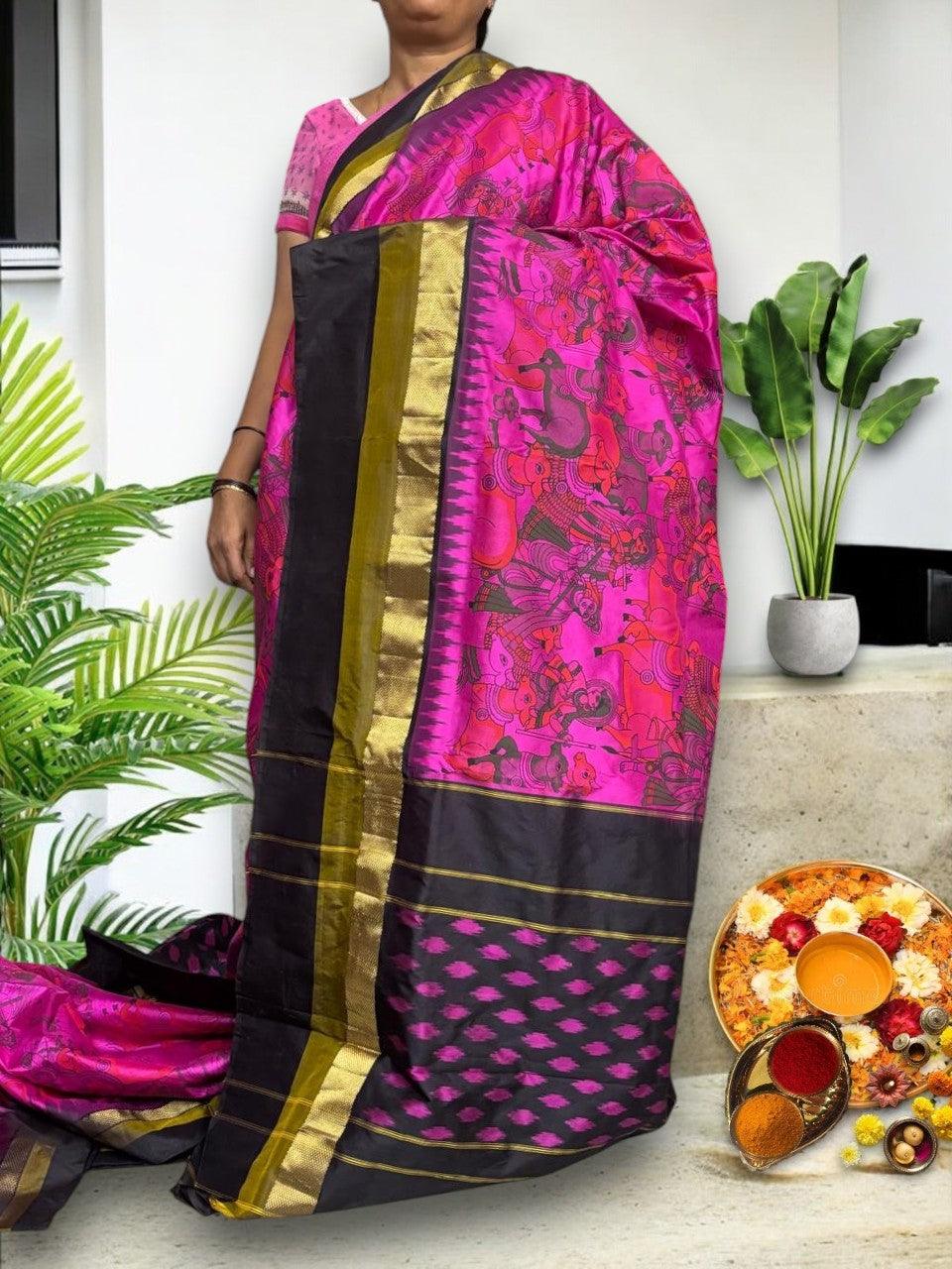 Pochampally Ikat Silk kalamkari Designer Pink Black Sari - pochampallysarees.com