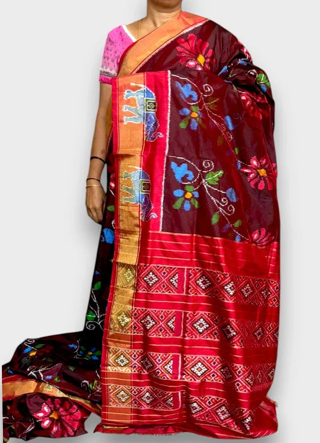 Pochampally Ikat Silk Patola Chocolate Red Sari Online - pochampallysarees.com