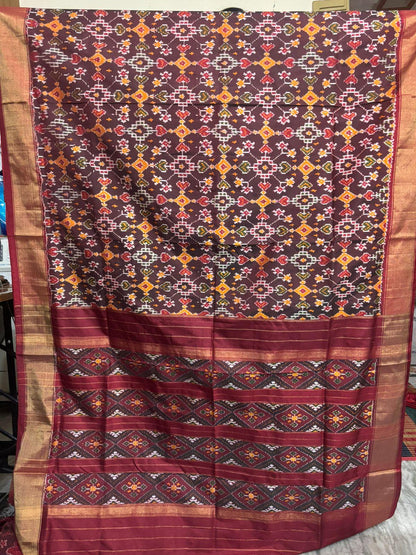 Pochampally Ikat Silk Patola Chocolate Red Sari - pochampallysarees.com
