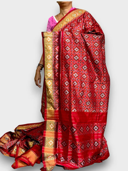 Pochampally Ikat Silk Patola Red Sari - pochampallysarees.com