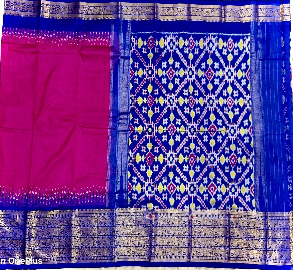 Pochampally Ikat Silk Pink Plain Body With Border And Pallu Blue Sari - pochampallysarees.com