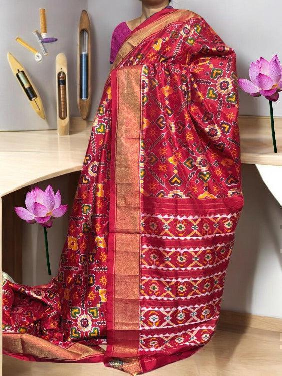 Pochampally Ikat Silk Red Patola Sari - pochampallysarees.com