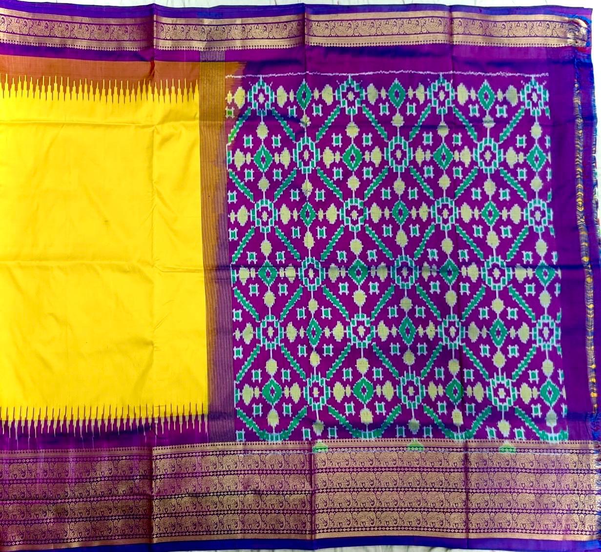 Pochampally Ikat Silk Yellow Plain Body With Border And Pallu Purple Sari - pochampallysarees.com