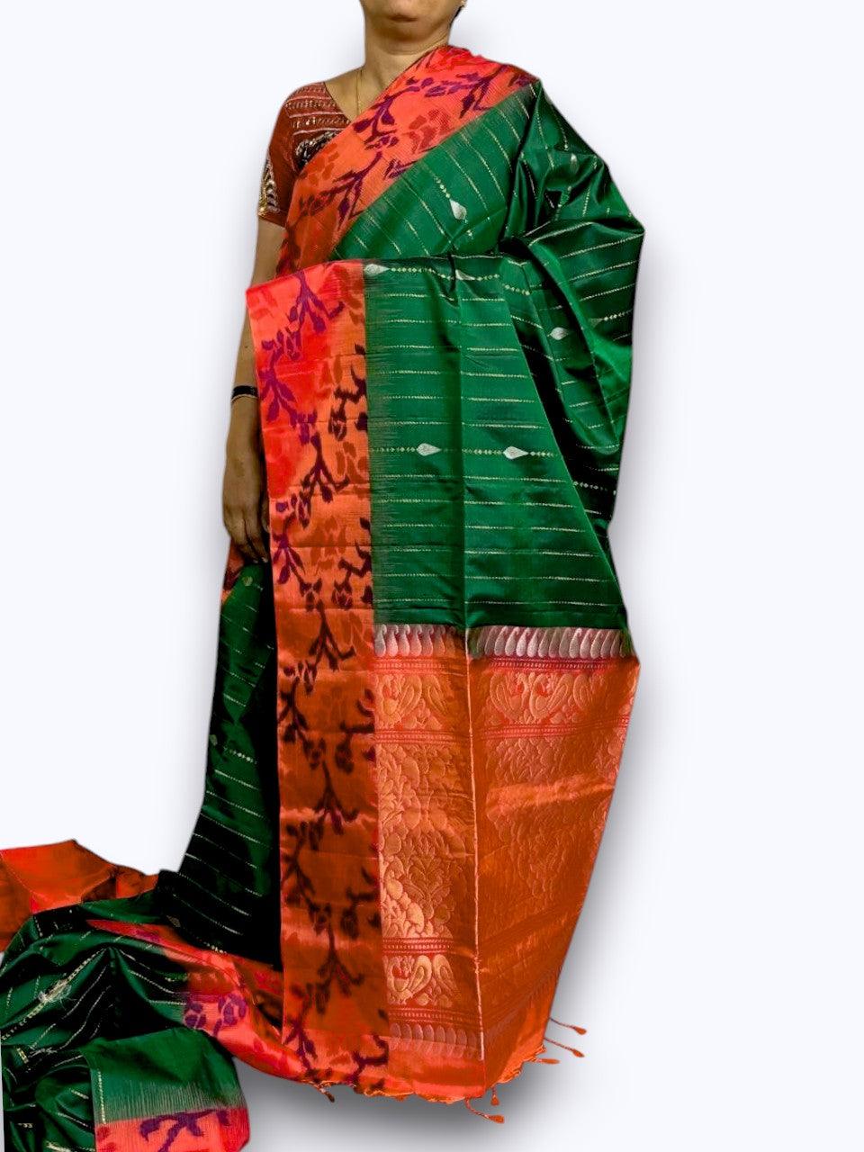 Pochampally Ikat Soft Silk Green Orange Sari - pochampallysarees.com