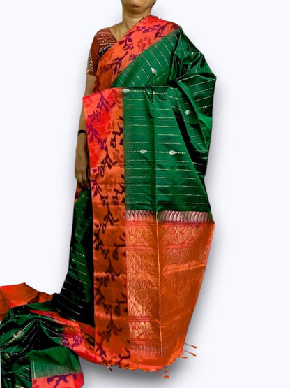 Pochampally Ikat Soft Silk Green Orange Sari - pochampallysarees.com